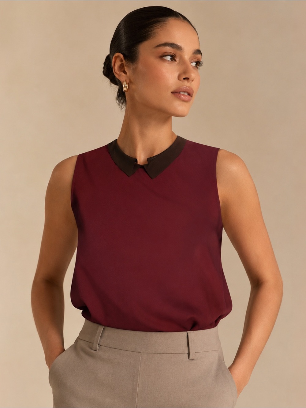 Atmosphere Burgundy Sleeveless Top with Dark Contrast Collar